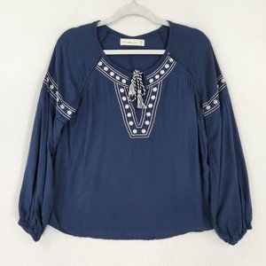 Abercrombie Fitch Shirt Womens Extra Small Navy Blue Long Sleeve Tasseled Boho